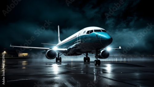 A Majestic Blue and White Airplane Takes Flight Under the Starry Night Sky