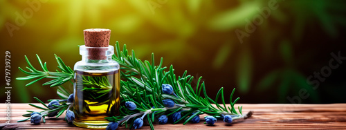 Juniper essential oil in a bottle. Generative AI,