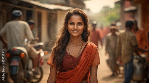 Bellissima giovane ragazza indiana vestita con abiti tradizionali in una strada di un villaggio in India
