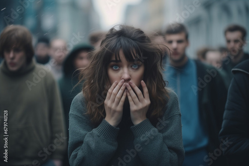 A scared girl on a road with many people. Social anxiety disorder. social phobia. a person with fear of being watched and judged by others.