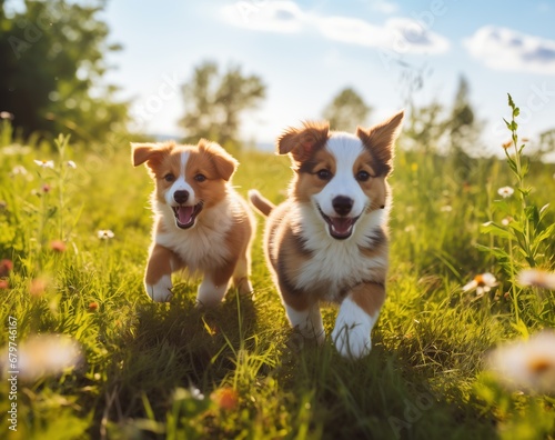 two dogs running in a grassy field