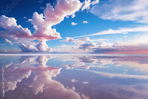 salar de uyuni , lago salato boliviano, cielo e terra che si specchiano, nuvole rosa, incanto, 