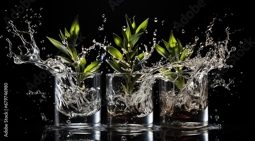Three Glasses of Flaming Blue Liquid on a Black Background: A Captivating Display of Fire and Water