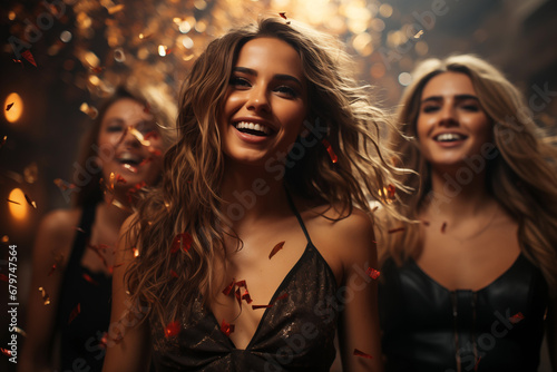 Young attractive elegant, smiling women in fancy dresses at a party with confetti on a blurred bokeh background