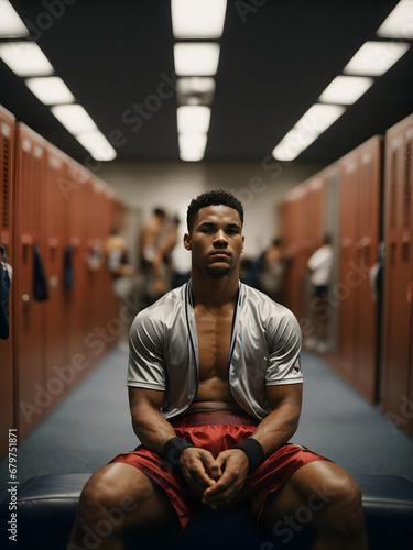 A boxer practicing deep breathing exercises, seated in a relaxed pose in the locker room, emphasizing the importance of controlled breathing for mental focus.