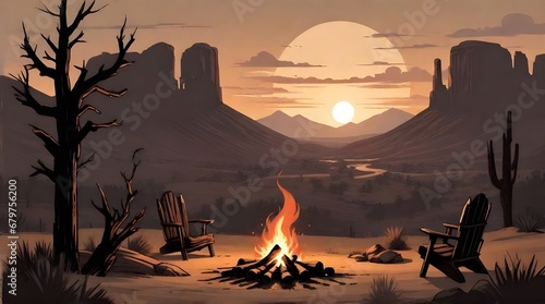 A left camping site fireplace in the desert in the mountains sunset in the background