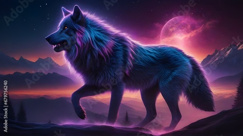 Giant gray alpha wolf wandering in the night through a mountainous region with a red moon in the background