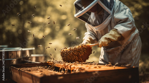 beekeeper collecting honey from hive.Generative AI