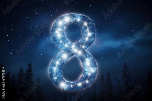Radiant Celestial Eight: Number 8 Takes Center Stage in a Minimalistic Night Sky, Adorned with Lightning, Sparks, and the Brilliance of Astral Stars