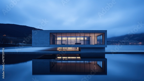 bâtiment moderne d'architecte contemporain avec de larges baies vitrées, structure à base de béton brut et de ligne pure, photo à l'heure bleu