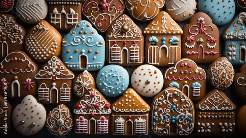 Gingerbread cookies on a dark background. Christmas and New Year concept.