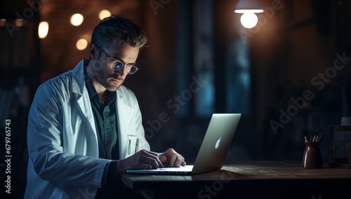 Scientist in a Lab Coat Conducting Research and Analyzing Data on a Laptop
