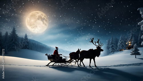 santa claus riding sleigh with reindeer