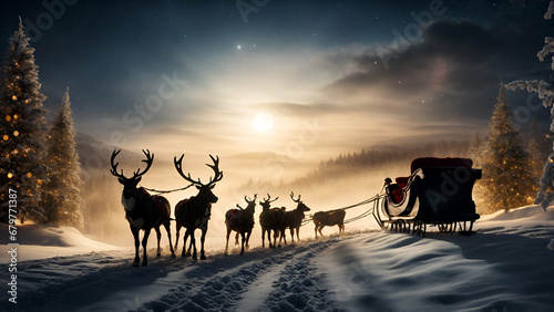 sleigh with reindeer , sleigh on christmas night