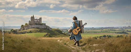 Wandering minstrel traveling through medieval landscapes