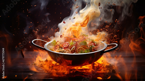 Chef stir fry busy cooking in kitchen. Chef stir fry the food in a frying pan, smoke and splatter the sauce in the kitchen.