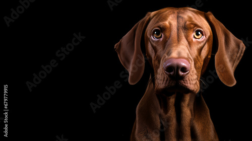 Beautiful red-haired vizsla dog on a black background. Space for text. horizontal image