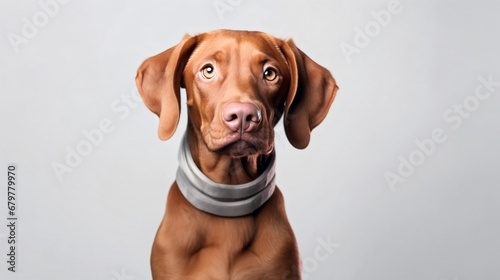 Beautiful red-haired vizsla dog on a white background. Space for text. horizontal image