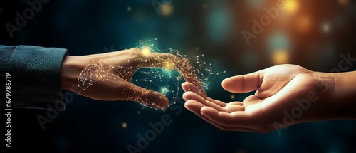  Hand of human and robot touching. Big data network connection. Artificial intelligence technology. photography
