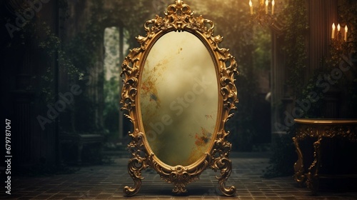  Old vintage retro antique mirror in gold frame rustic style. Decoration home glass. Graphic Art photography