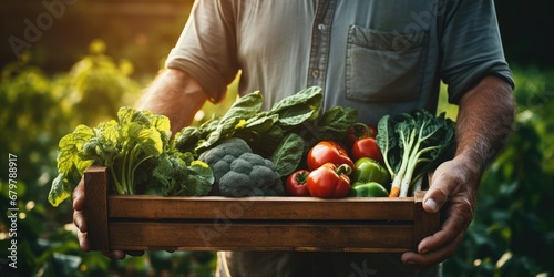 Farmer with fresh veggies in a wooden box. Generative Ai.