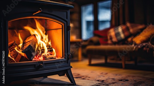  a wood burning stove in a living room with a plaid couch in the background and a fire burning in the fireplace.