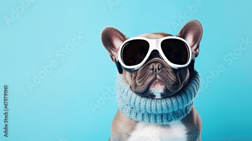 A funny French bulldog puppy wearing sunglasses and a knitted scarf poses against a light background. Banner, with space for text