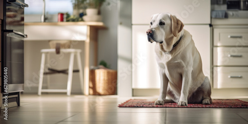 The Labrador retriever dog is sitting in the kitchen and waiting for food. Design and advertising of animal products, banner
