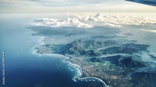Aerial view of the sea and mountains from a plane window.