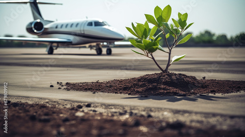 Green plant growing at the airport with a private business jet on the background.