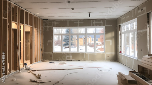 L'intérieur d'une maison en cours de rénovation avec des murs inachevés.