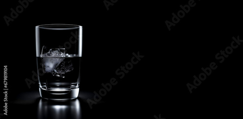 alcoholic drink with ice in a glass, whiskey, cognac, vodka. artificial intelligence generator, AI, neural network image. black background for the design.