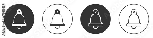 Black Church bell icon isolated on white background. Alarm symbol, service bell, handbell sign, notification symbol. Circle button. Vector