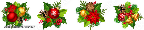 Christmas decorations with red and gold Christmas balls, fir branches, pinecones, poinsettia flowers, and holly isolated on a white background. Set of vector illustrations