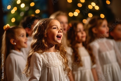 girl singing with Children's choir in festive church 