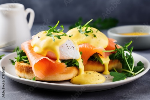 Eggs Benedict with Smoked Salmon and Hollandaise Sauce on English Muffin. Perfect for Brunch or Breakfast