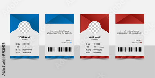 Modern and minimalist office id card template with an author photo place including red and blue gradient for your business or company