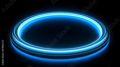 Sky Blue Neon Light Circle on a black Background. Futuristic Template for Product Presentation