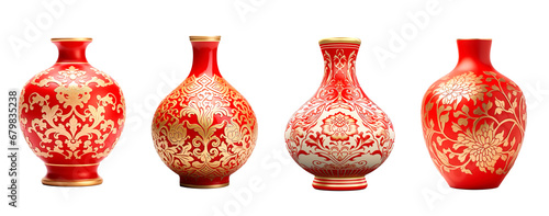 Four set of traditional Chinese vase in gold and red colors on isolated transparent background