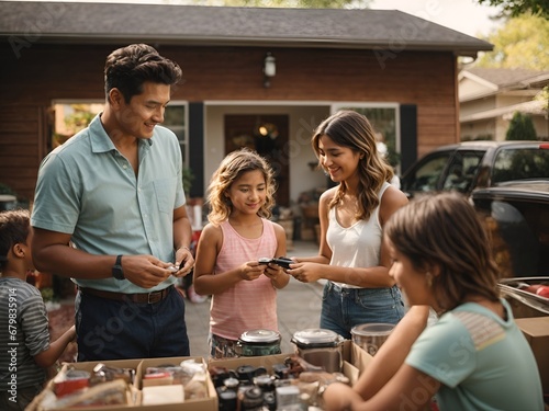 A family candidly interacts while hosting a bustling garage sale, fostering a sense of community and camaraderie among their neighbors