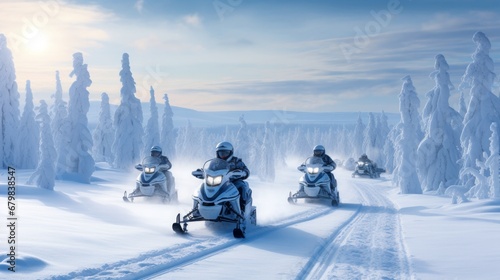 Group of snowmobiles in Lapland, near Saariselka, Finland