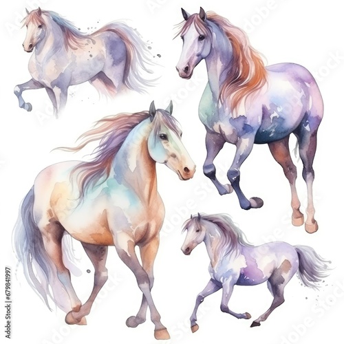 set Funny cute horse racers of watercolors on white background