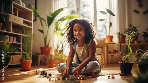 Cute African American child is playing in his child's room