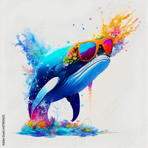 A close-up portrait of a fashionable-looking multicolored colorful fantasy cute stylish whale wearing sunglasses. Generative AI illustration. Printable design for t-shirts, mugs, cases, etc