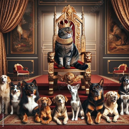 A tabby cat sits imperiously on a golden throne amidst a court of attentive dogs in an opulent room