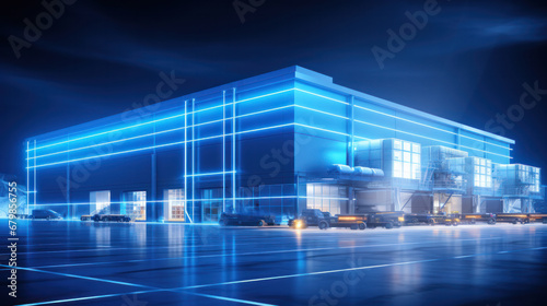 Blue Outside of Logistics Warehouse with Open Door, Truck Delivering Online Orders, Purchases, E-Commerce Goods, Wholesale Merchandise.