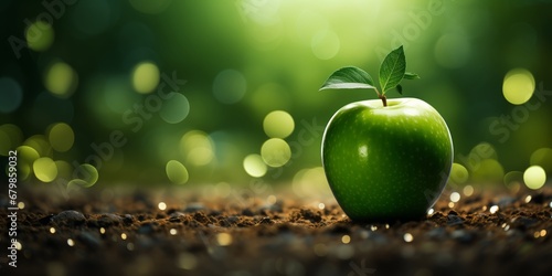 Green Apple on Soil With Bokeh Background