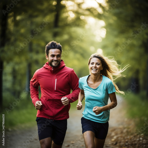 Mann und Frau zusammen am Joggen in der Natur (Durch AI generiert)