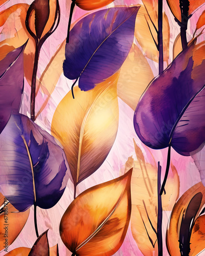 Abstrakcyjne tło fioletowe, złoty liść, akwarele
