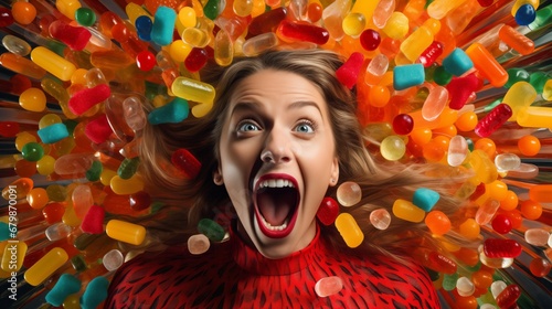 A woman in a red sweater expresses awe as she is engulfed in a swirling vortex of multicolored gummy vitamins, capturing the fun of health snacks